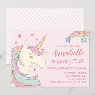 Invitation Étoiles Ciel Rose Cute Unicorn Anniversaire