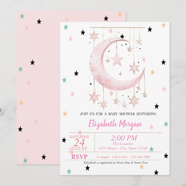 Invitation Étoiles colorées Baby shower Lune rose (Devant / Derrière)