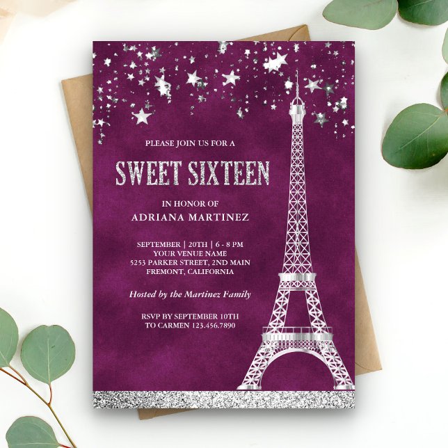 Invitation Etoiles Confetti Argent Tour Eiffel Plum Sweet 16 (Créateur téléchargé)