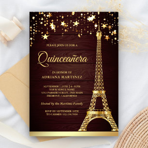 Invitation Etoiles Confetti Gold Foil Tour Eiffel Quinceanera