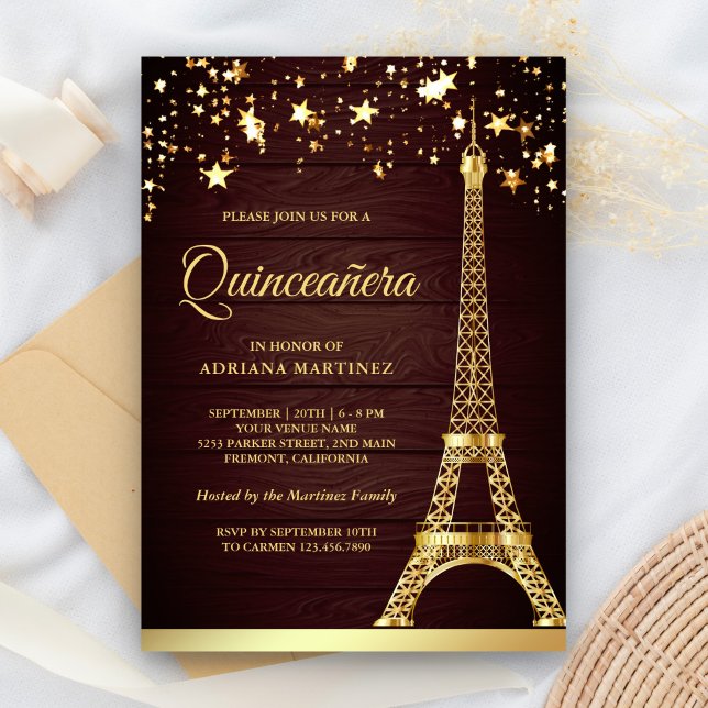 Invitation Etoiles Confetti Gold Foil Tour Eiffel Quinceanera (Créateur téléchargé)
