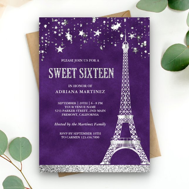 Invitation Etoiles Confetti Silver Tour Eiffel Purple Sweet 1 (Créateur téléchargé)