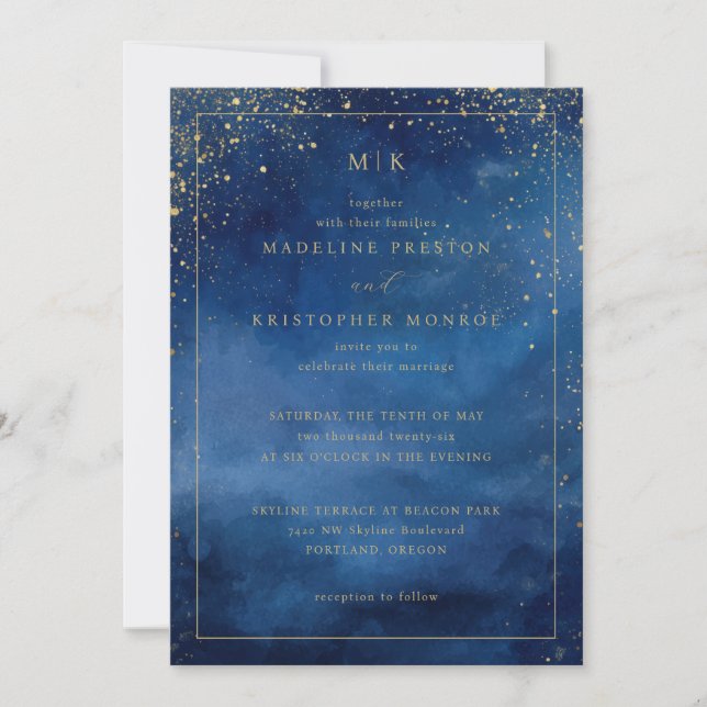 Invitation Étoiles Cosmiques Bleu Élégant (Devant)