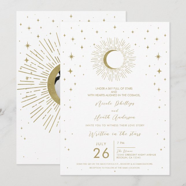 Invitation Étoiles de Blanc Or Soleil Celeste Explosion de Ra (Devant / Derrière)