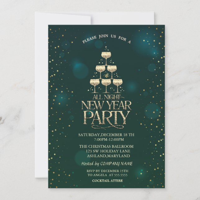 Invitation Étoiles de cocktail au verre de champagne Noël  (Devant)