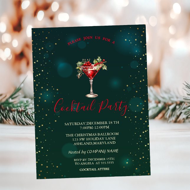 Invitation Étoiles de cocktail rouges Noël vert  (Créateur téléchargé)