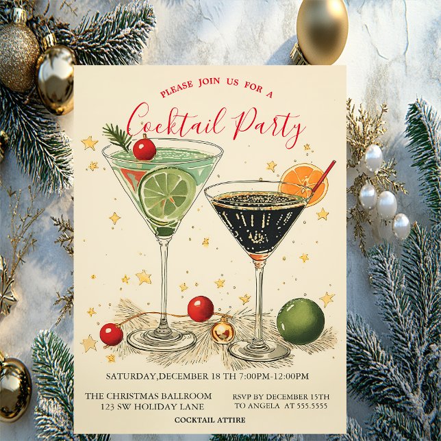 Invitation Étoiles de cocktails rétro Noël vert  (Créateur téléchargé)