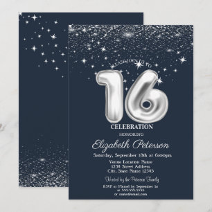 Invitation Étoiles de Confettis Élégants Bleu Marine Sweet 16