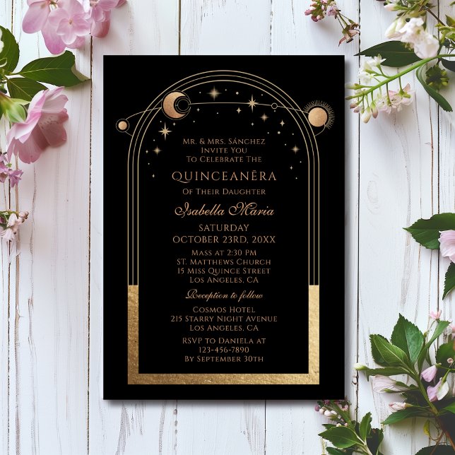 Invitation Étoiles de la lune d'or noir céleste Quinceañera (Créateur téléchargé)