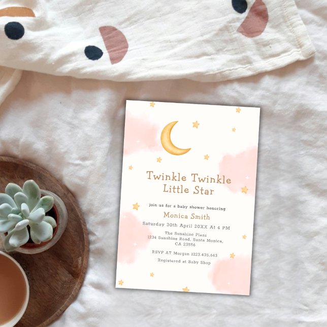 Invitation Étoiles de lune rose Twinkle Twinkle Baby shower f (Pink Moon Stars Twinkle Twinkle Girl Baby Shower Invitation)