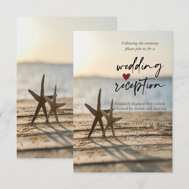 Invitation Étoiles de mer Plage de sable  Réception (Devant / Derrière)