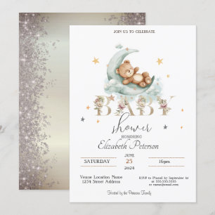 Invitation Étoiles de nounours scintillent doré Baby Shower