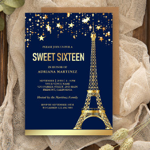 Invitation Étoiles de papier d'or Tour Eiffel Navy Sweet Sixt