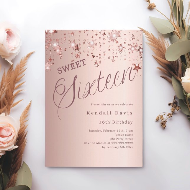 Invitation Étoiles de script en or rose moderne Sweet 16 (Créateur téléchargé)