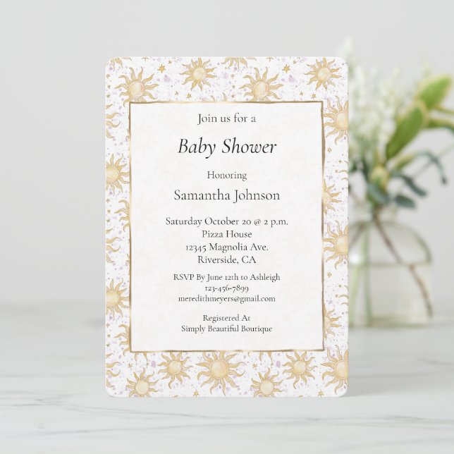 Invitation Étoiles de soleil et Baby shower solaire (Debout devant)