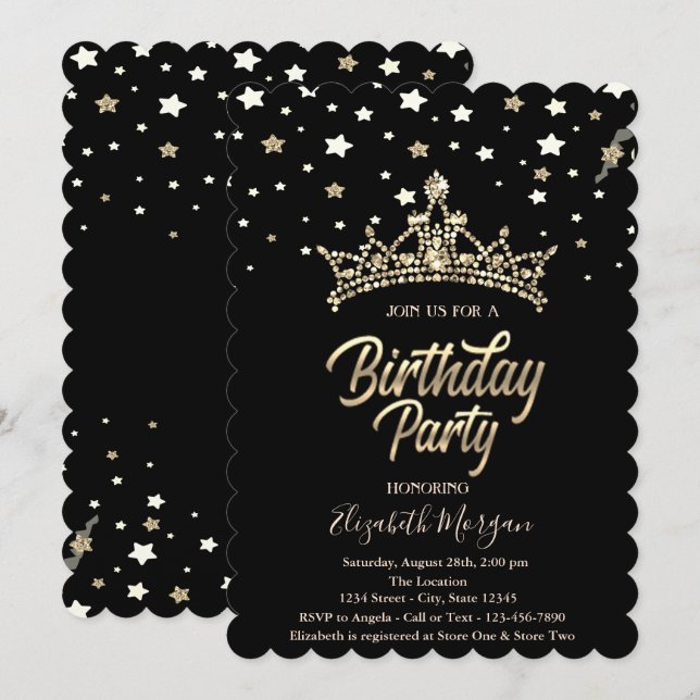 Invitation Étoiles de Tiara doré Fête d'anniversaire noir  (Devant / Derrière)