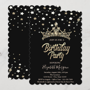 Invitation Étoiles de Tiara doré Fête d'anniversaire noir