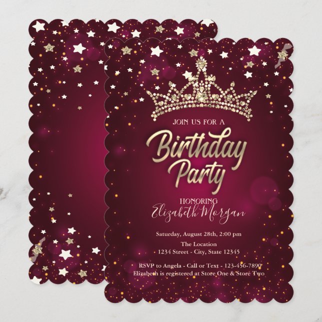 Invitation Étoiles de Tiara doré Fête d'anniversaire rouge   (Devant / Derrière)