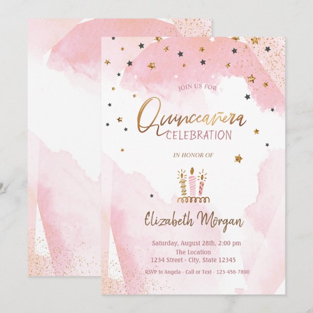 Invitation Etoiles d'or, bougies Ombre Quinceanera (Devant / Derrière)