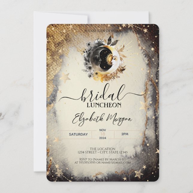 Invitation Étoiles d'or céleste Lunes Dîner nuptial foncé (Devant)