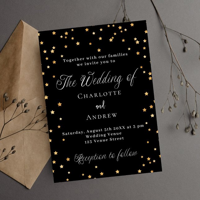 Invitation étoiles d'or noir mariage élégant script luxe (Créateur téléchargé)