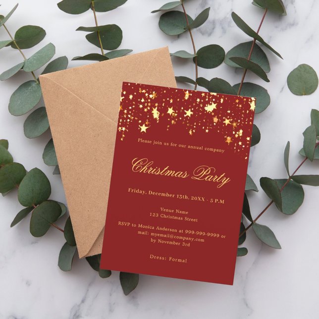 Invitation Étoiles d'or rouges fête de Noël de l'entreprise (Créateur téléchargé)