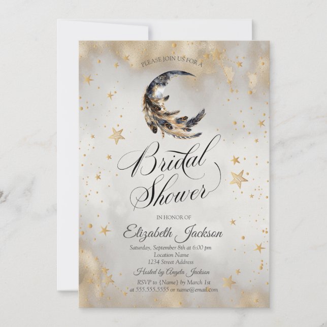 Invitation Étoiles dorées célestes Lune Plume Mariage  (Devant)