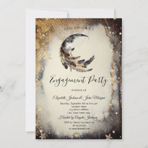 Invitation Étoiles dorées célestes Lune Plume Sombre