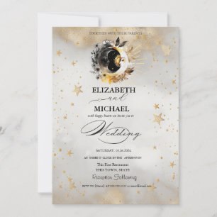 Invitation Étoiles dorées célestes Lunes Fleurs Script