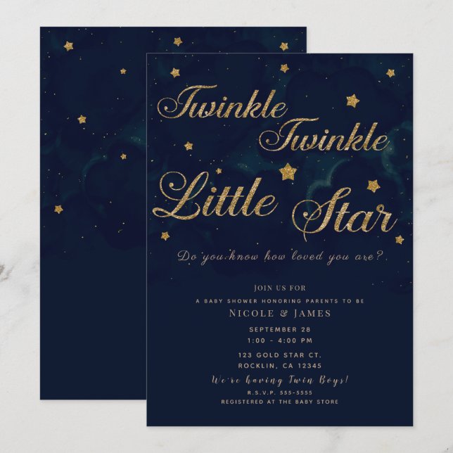 Invitation Étoiles Dorées Ciel Nuit Bleu Foncé Baby Shower Ju (Devant / Derrière)