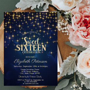 Invitation Étoiles Dorées Élégantes Bleu Marine Sweet 16