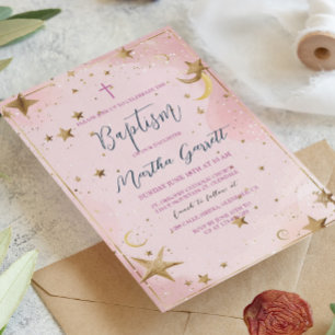 Invitation Étoiles dorées et baptême de fille rose