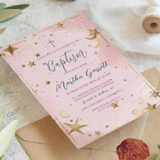 Invitation Étoiles dorées et baptême de fille rose