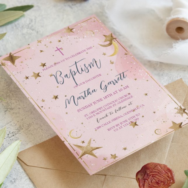 Invitation Étoiles dorées et baptême de fille rose (Créateur téléchargé)