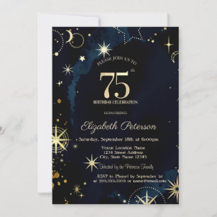 Invitation Étoiles dorées Fête d'anniversaire 75 ans bleu mar