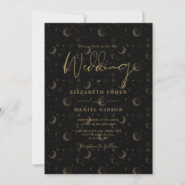 Invitation Étoiles dorées lune céleste code QR mariage (Devant)