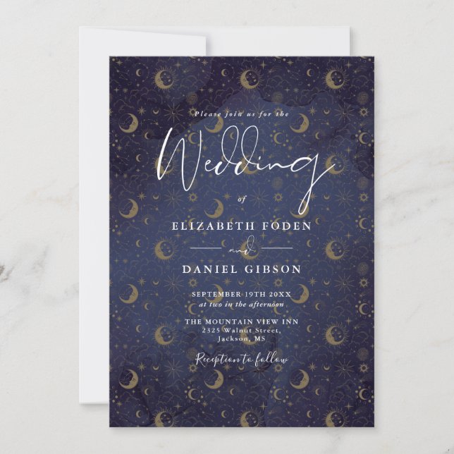 Invitation Étoiles dorées Lune Nuit bleue céleste Mariage (Devant)