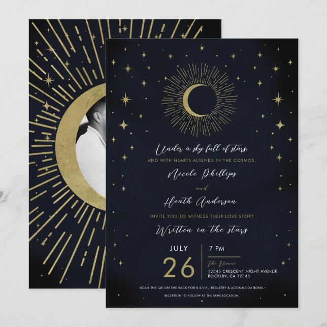 Invitation Étoiles Dorées Nuit Éclat Céleste Soleil Photo Mar (Devant / Derrière)