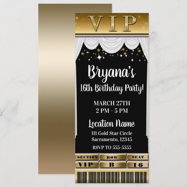 Invitation Étoiles Dorées Rideaux Blancs Billet VIP Soirée Él (Devant / Derrière)