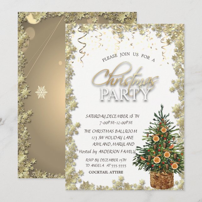 Invitation Étoiles dorées, Sapin de Noël Fête de Noël orange (Devant / Derrière)