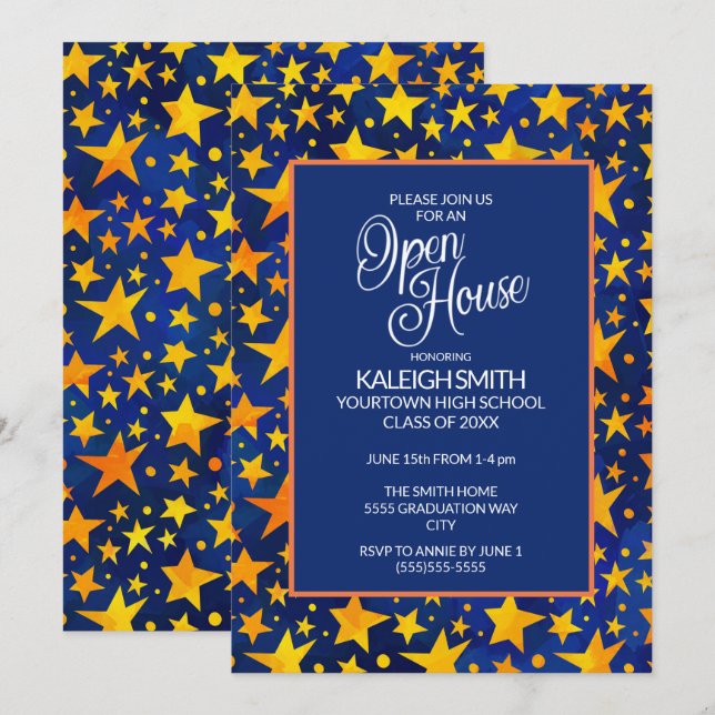 Invitation Étoiles dorées sur fond bleu marine Open House Fêt (Devant / Derrière)