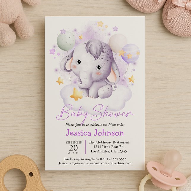 Invitation Etoiles Eléphant Rose Cute Aquarelle (Créateur téléchargé)