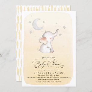 Invitation Etoiles éléphantes Lune Jaune Baby shower neutre