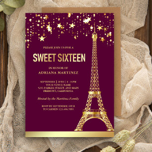 Invitation Étoiles en feuille d'or Tour Eiffel Rose Douze ans