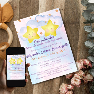 Invitation Étoiles Espagnoles Roses Bleues Jumelles Baby Show