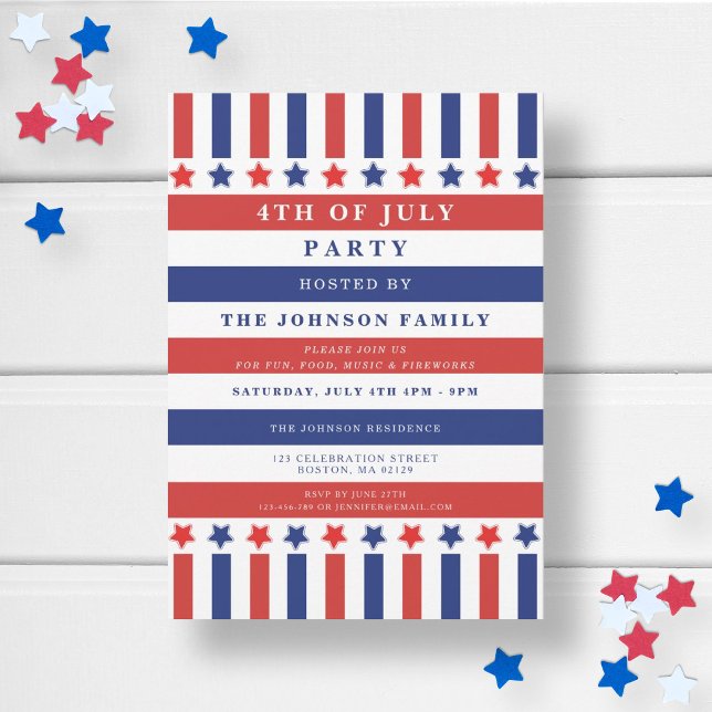 Invitation Étoiles et bandes rouges blanches bleues Fête du 4 (Patriotic Red White Blue Balloon 4th Of July Party Invitation)