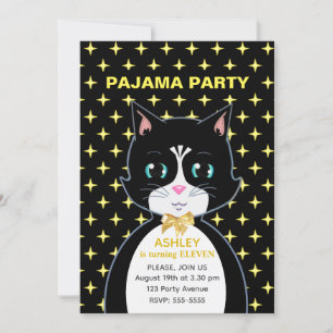 Invitation Étoiles et mignonne fête du pyjama de chat d'anniv