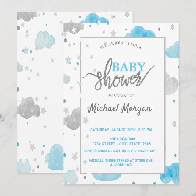 Invitation Étoiles et Nuages  Baby Shower (Devant / Derrière)