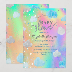 Invitation Étoiles et Nuages Mignons Arc-en-Ciel Holographiqu