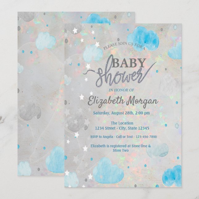 Invitation Étoiles et Nuages Mignons Holographiques Opale Bab (Devant / Derrière)